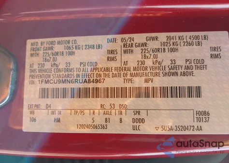 2024 Ford Escape St-Line from USA, damaged, VIN 1FMCU9MN6RUA84967